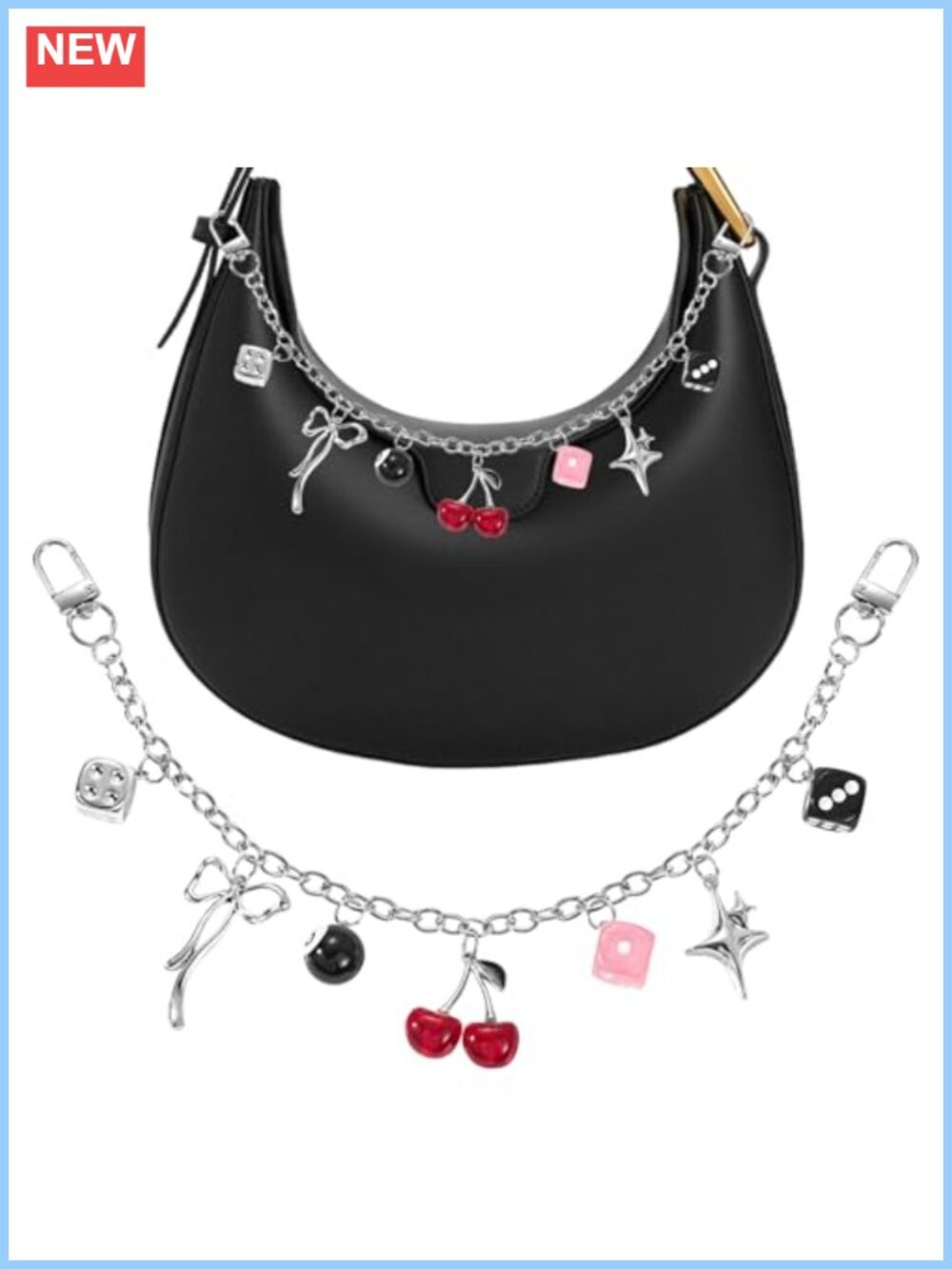 Silver Cherry Eight Ball Dice Star Bag Charm Purse Chain